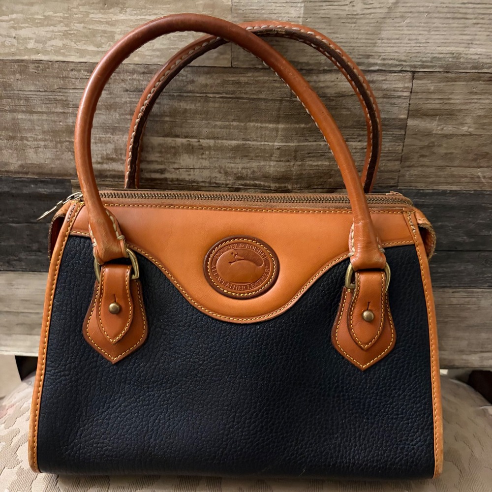 Dooney & Bourke Vintage All Weather Leather Satchel Navy Blue British Tan Bag